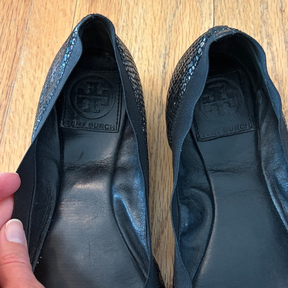 Tory Burch Caroline Plated Snake Skin Flats - Picture 2 of 11